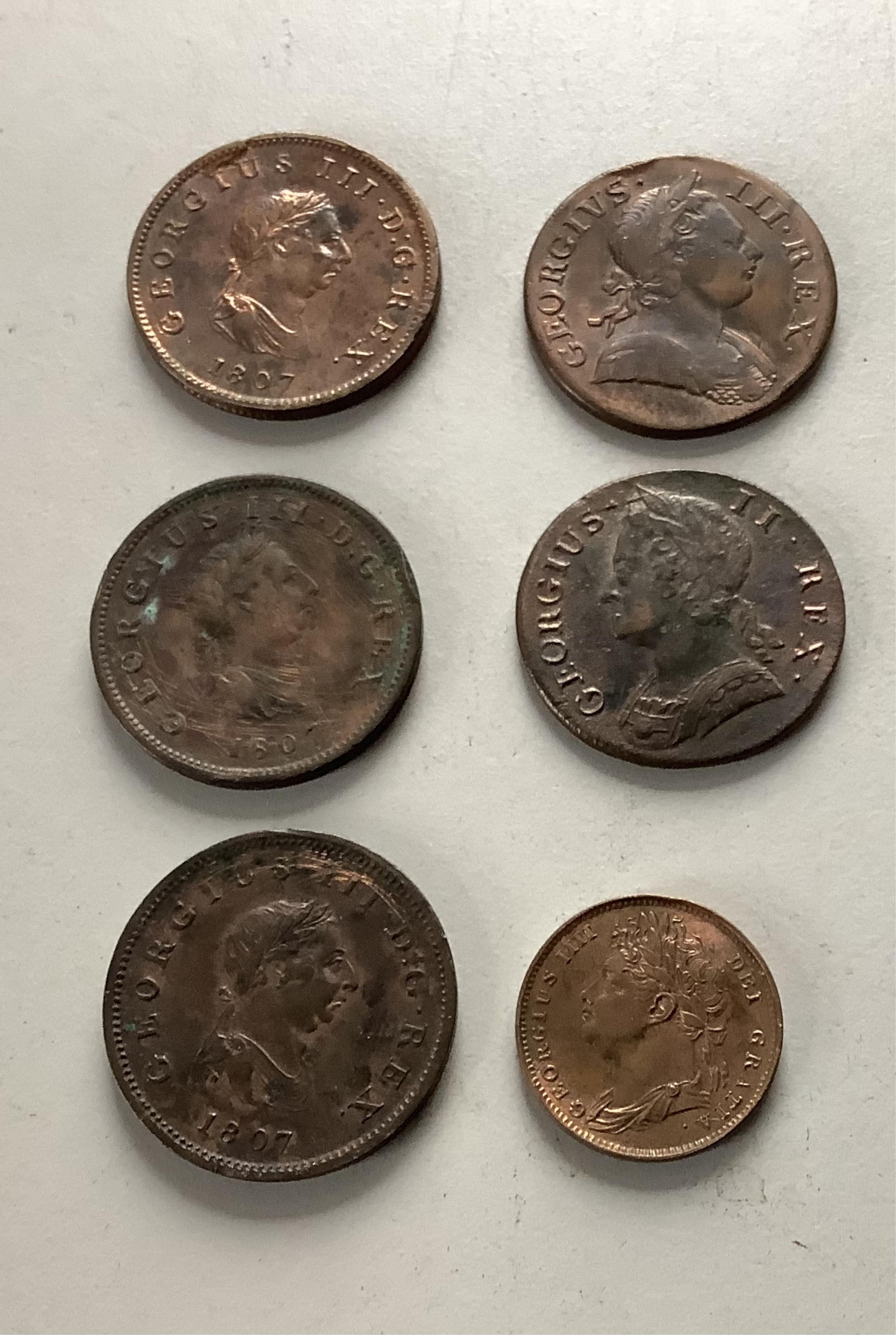 British coins, George II to QEII, including brilliant uncirculated coronation coin set, 1953 and various copper coins; halfpennies 1743, 1771, three 1807, farthing 1822 etc.